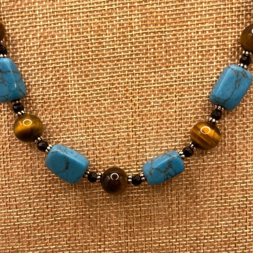 Turquoise and tiger eyes necklace by Lia Sophia, beads, signed.
